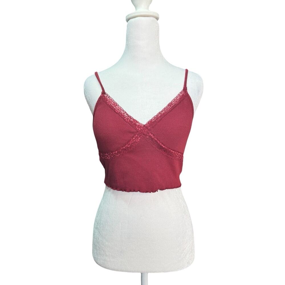 Y2K Womens Burgundy Ribbed Babydoll Crop Cami Tank Top Lace Fairy Grunge Medium